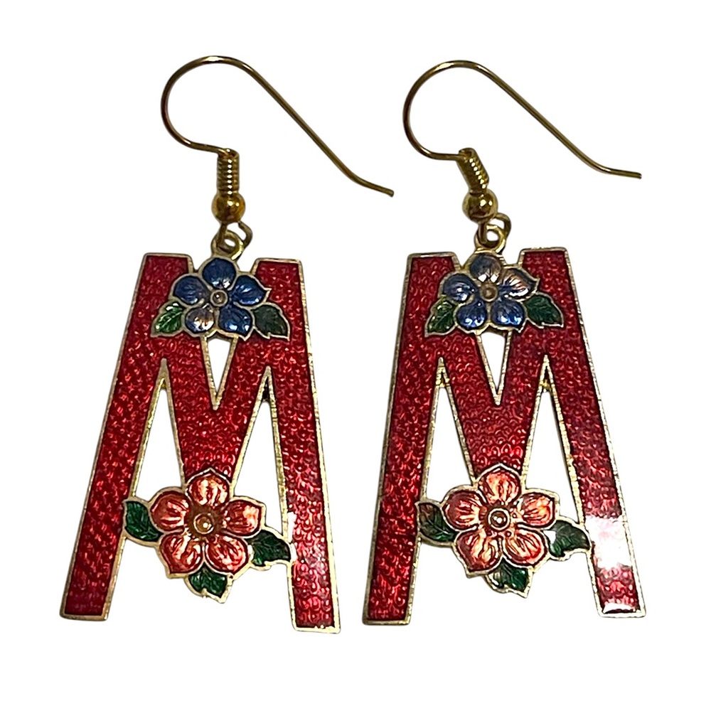 80s Vintage Sea Gems letter M Cloisonné Earrings